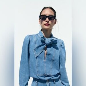 Zara tied denim blouse
